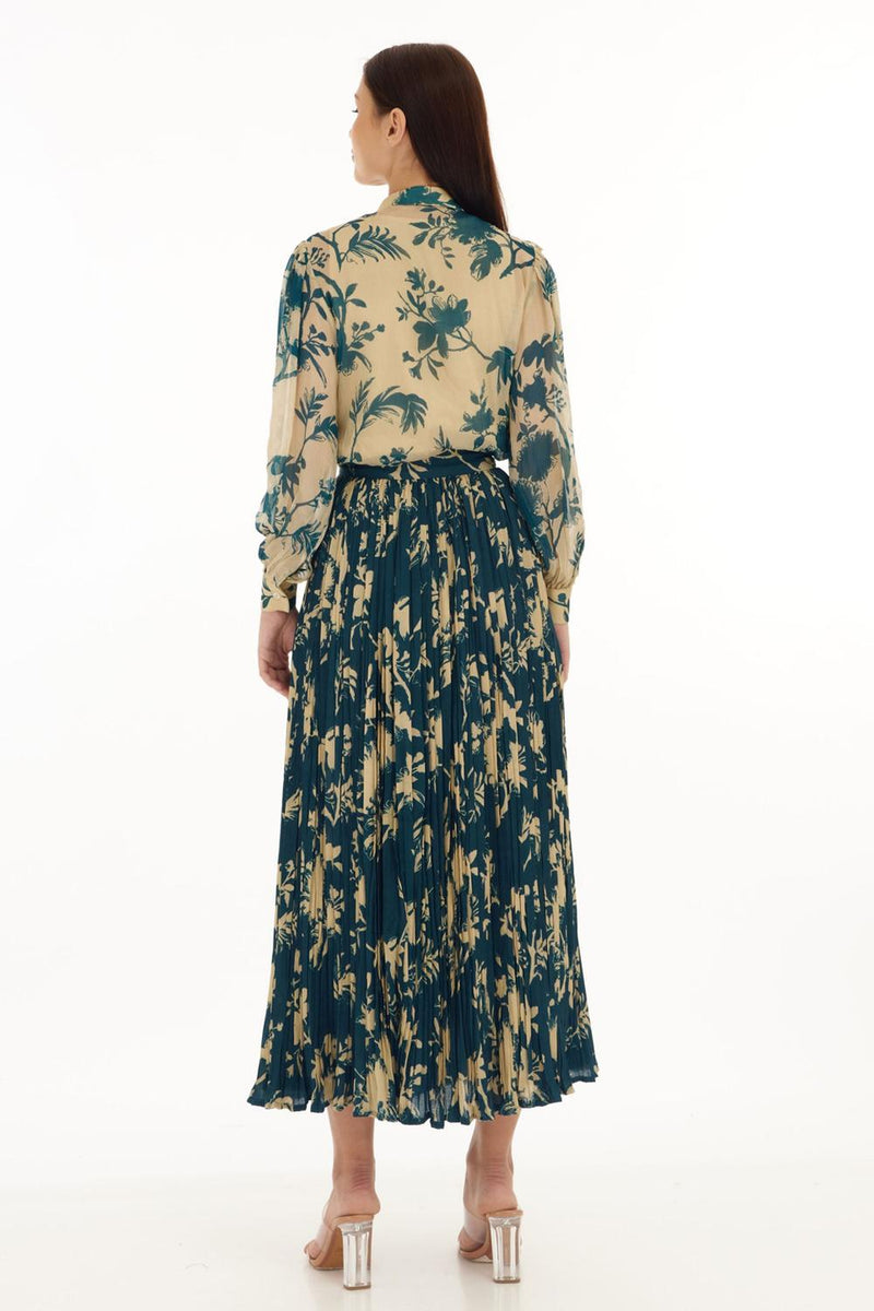 Teal & Cream Floral Crinkled Skirt