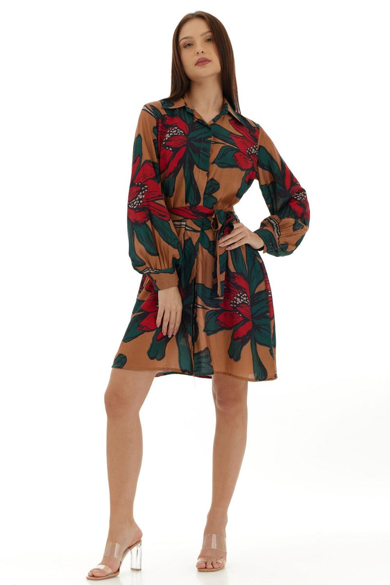 Beige & Green Floral Long Shirt Dress