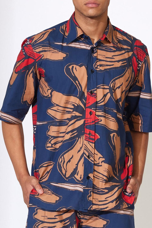 Blue, Rust And Red Floral Shirt