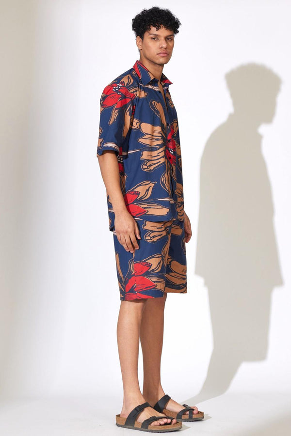 Blue, Rust And Red Floral Shirt