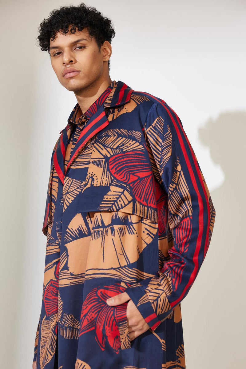Blue, Rust And Red Floral Trench Cape