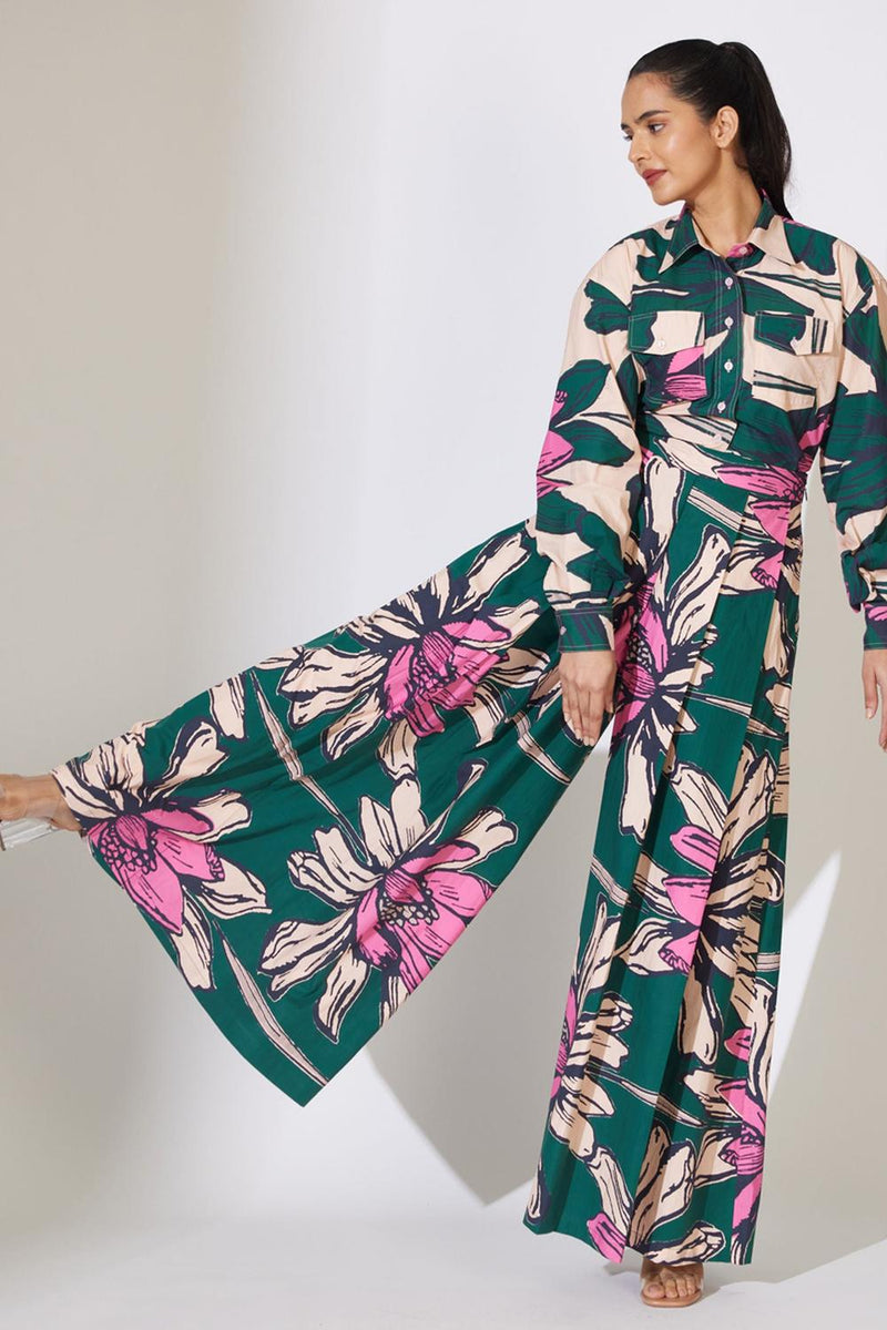 Green, Peach And Pink Floral Pleated Pants