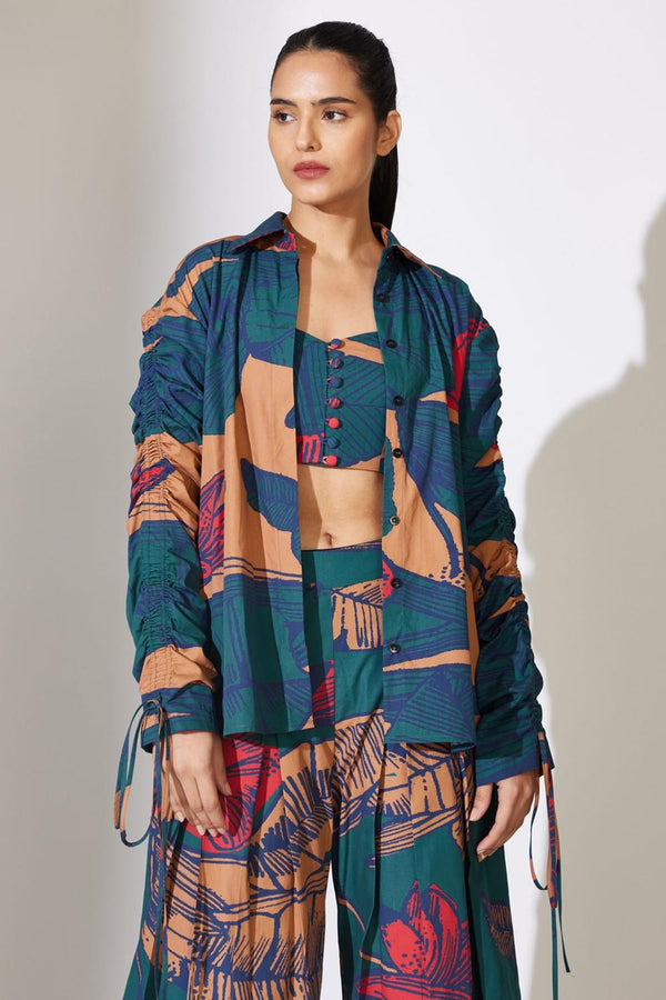 Rust, Blue And Red Floral Smocking Shirt