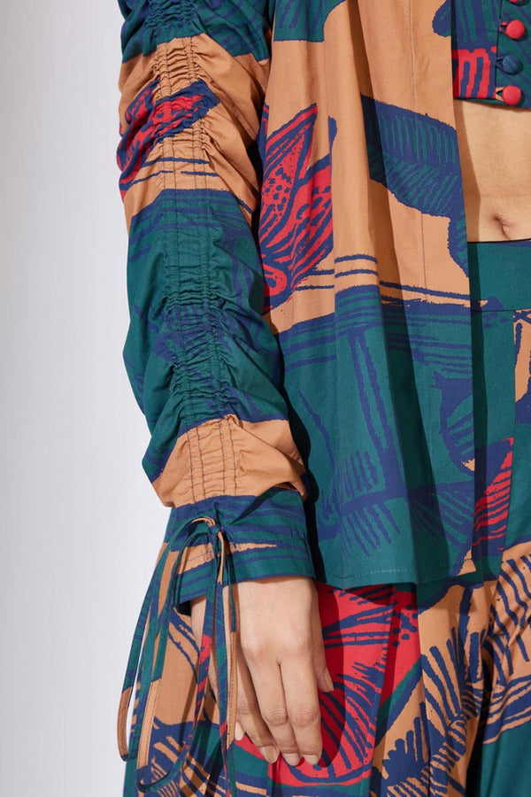 Rust, Blue And Red Floral Smocking Shirt