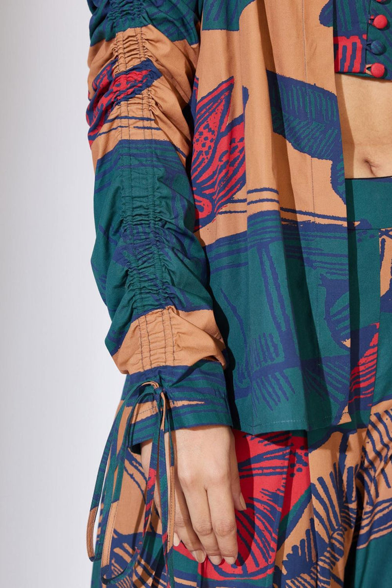 Rust, Blue And Red Floral Smocking Shirt