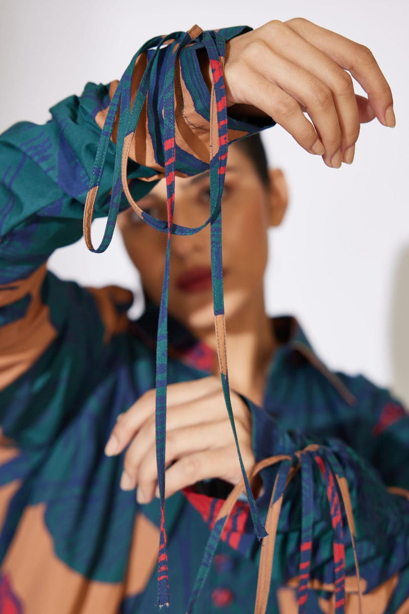 Rust, Blue And Red Floral Smocking Shirt