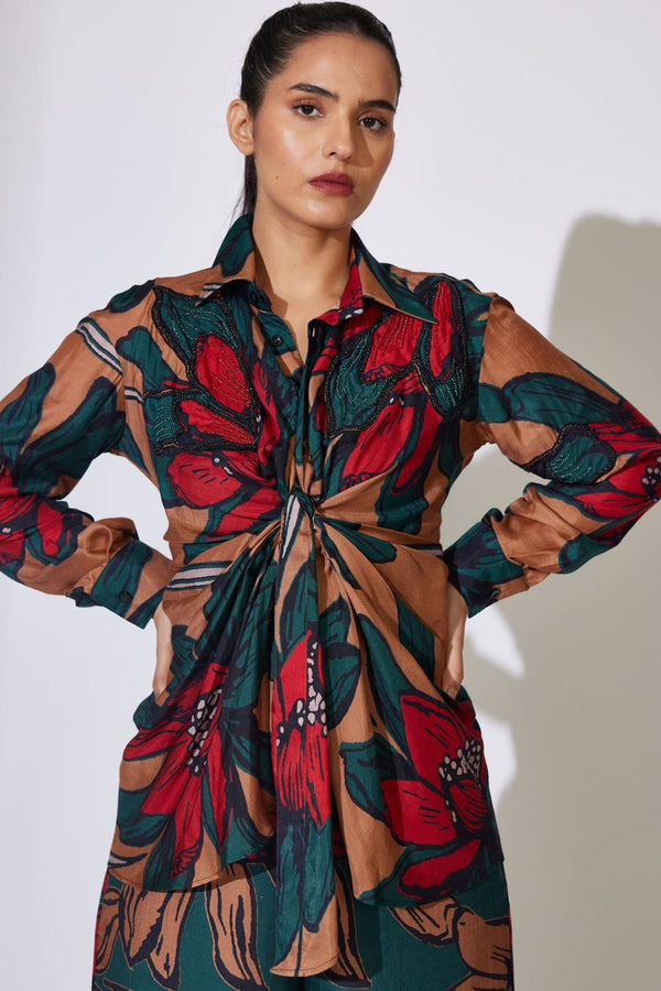 Beige, Green And Red Floral Embroidered Shirt
