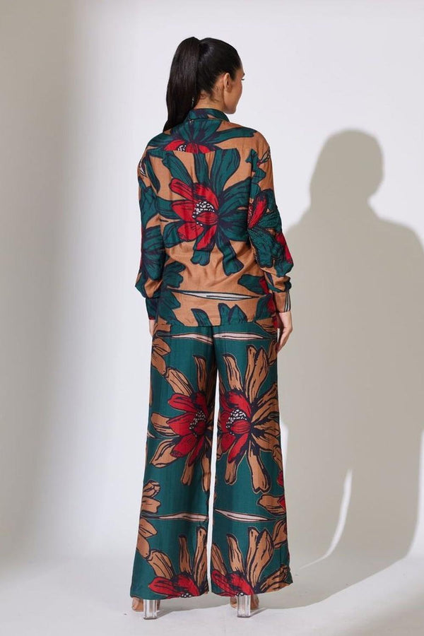 Beige, Green And Red Floral Embroidered Shirt