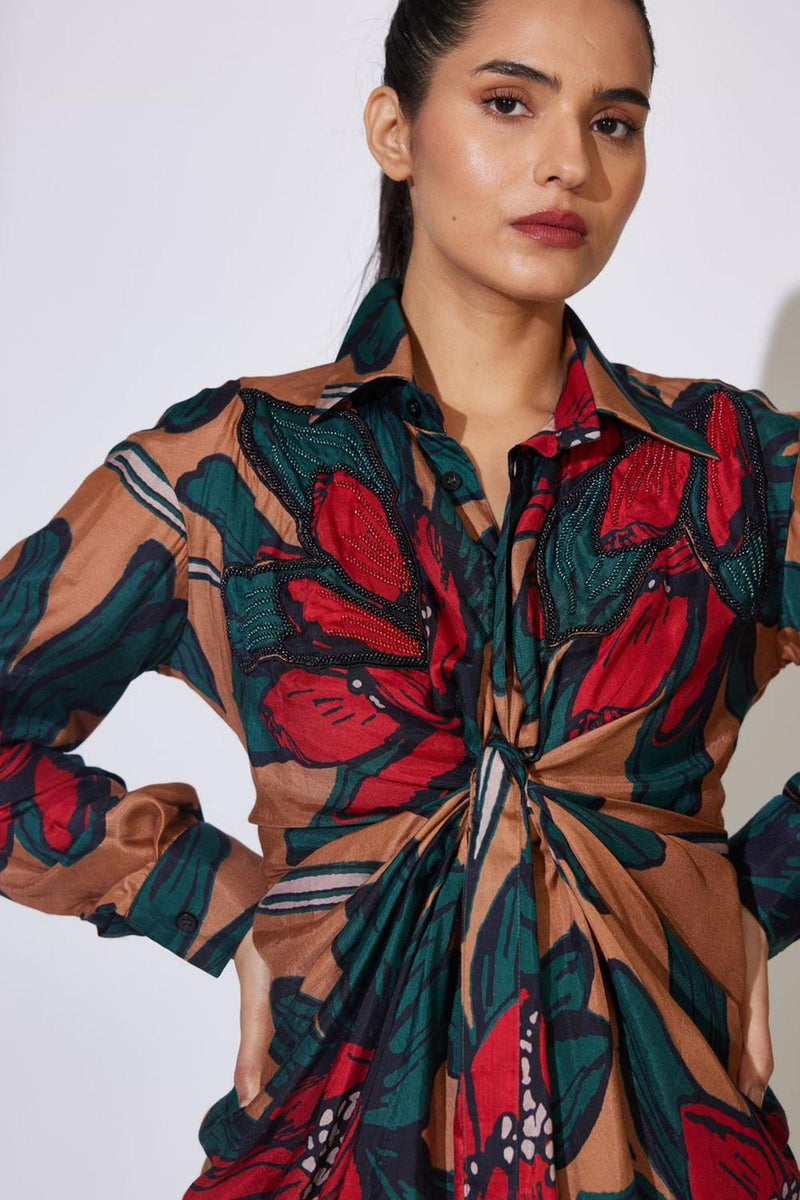 Beige, Green And Red Floral Embroidered Shirt