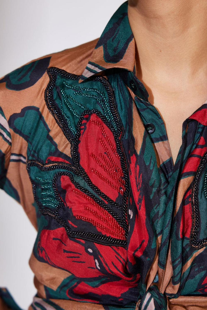Beige, Green And Red Floral Embroidered Shirt