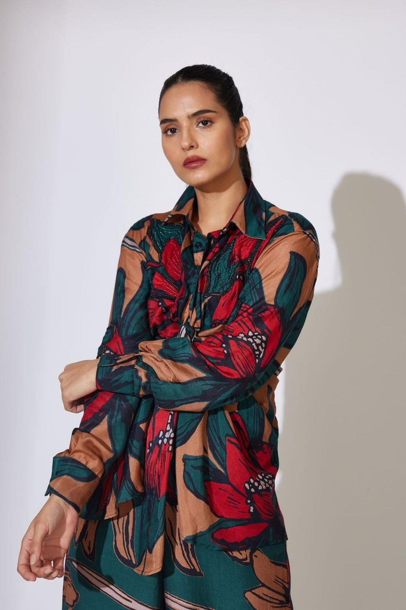 Beige, Green And Red Floral Embroidered Shirt