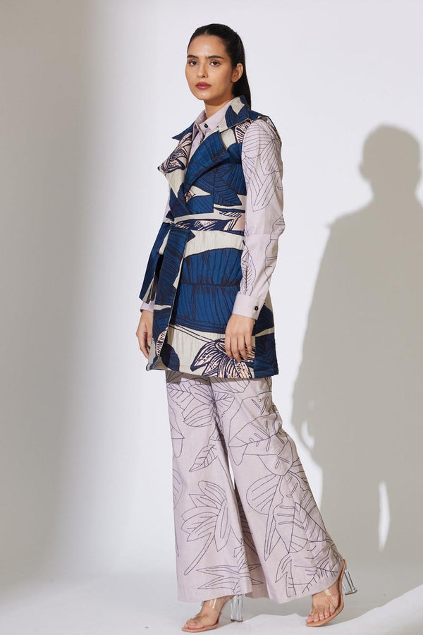Blue And Grey Floral Sleeveless Jacket