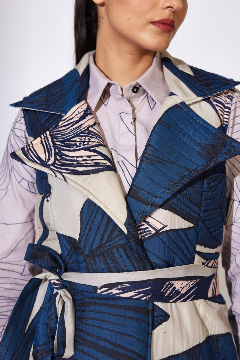 Blue And Grey Floral Sleeveless Jacket