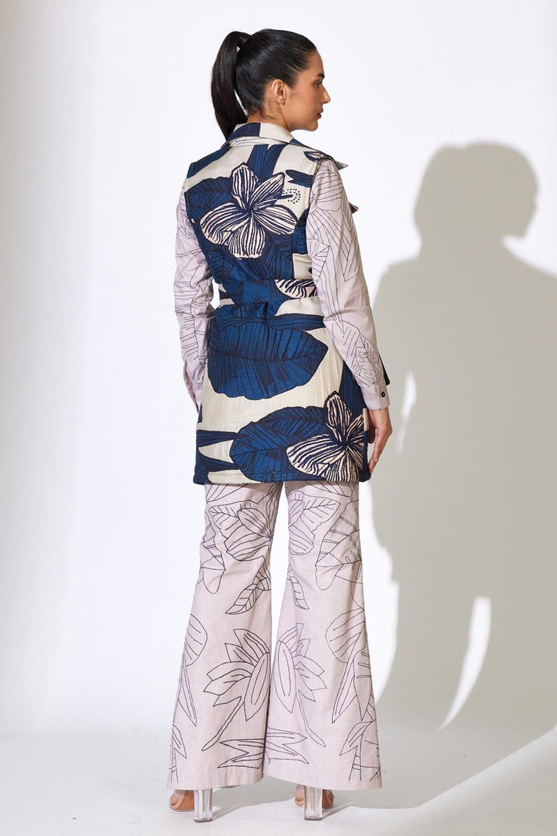 Blue And Grey Floral Sleeveless Jacket