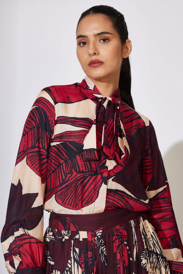 Offwhite, Red And Brown Floral Bow Tie Shirt