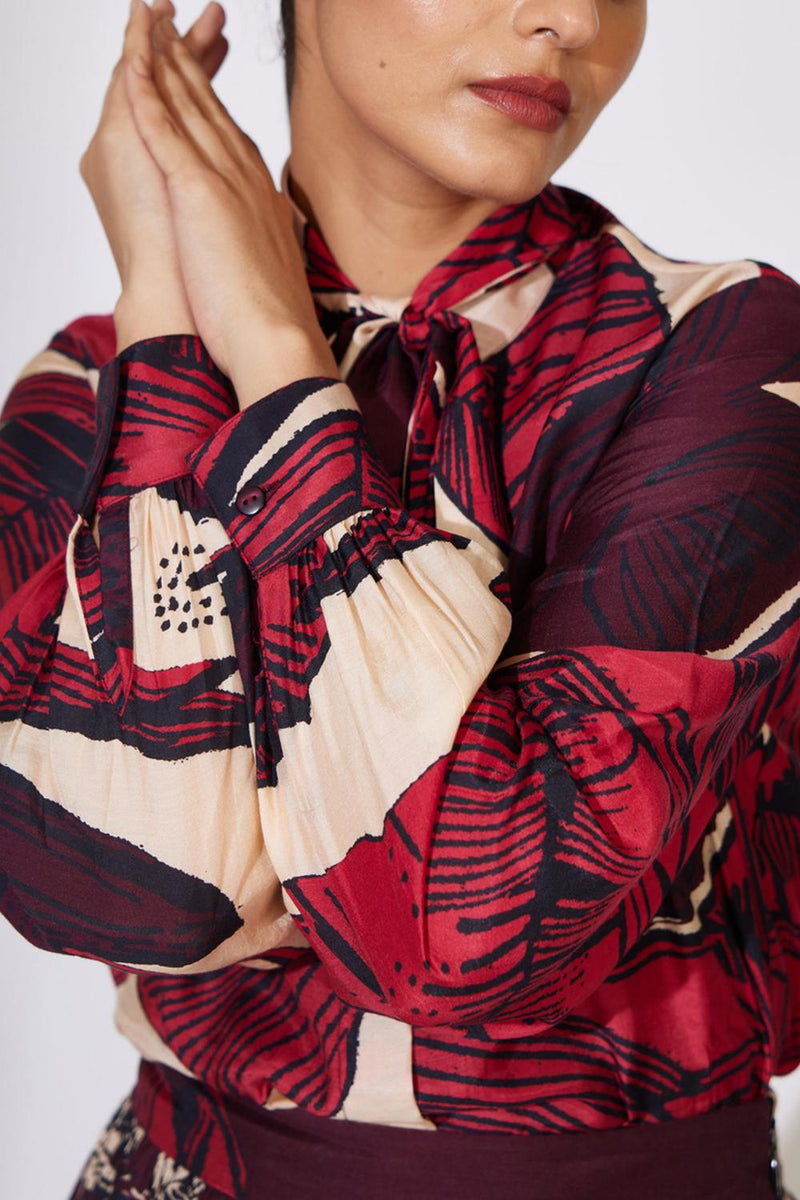 Offwhite, Red And Brown Floral Bow Tie Shirt
