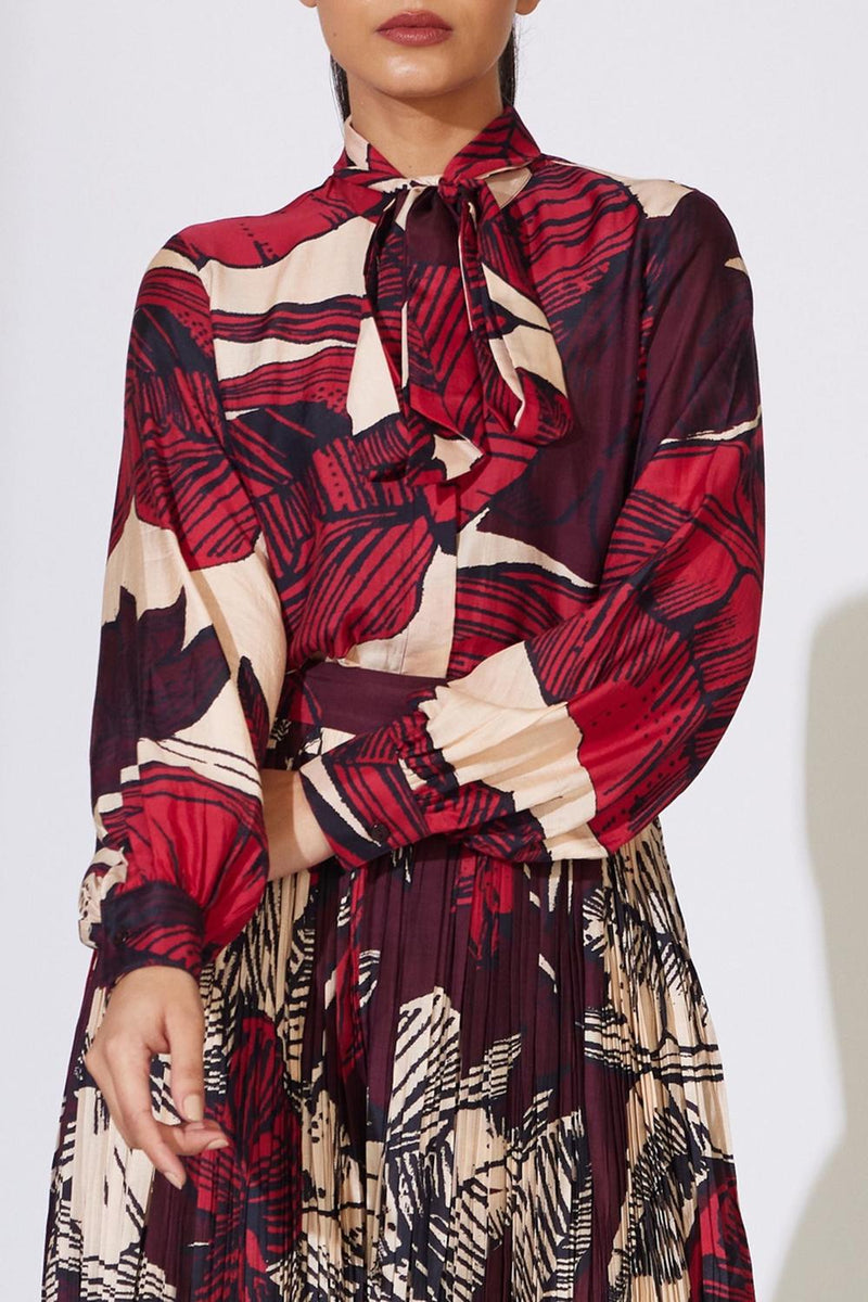 Offwhite, Red And Brown Floral Bow Tie Shirt