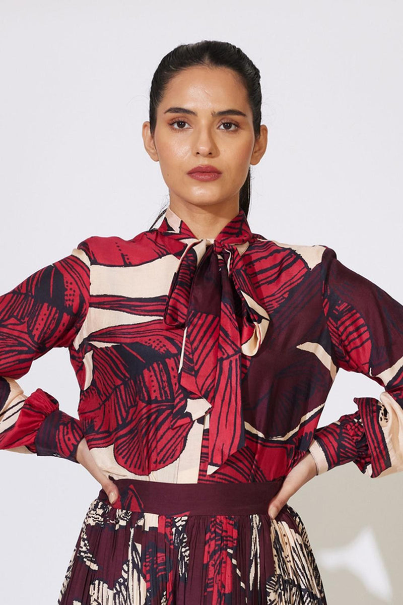 Offwhite, Red And Brown Floral Bow Tie Shirt