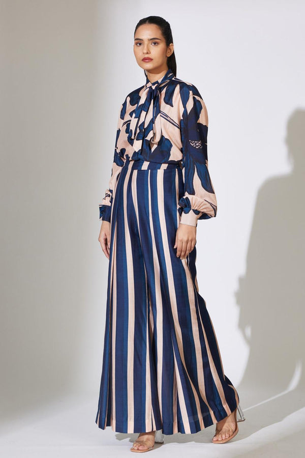 Beige And Blue Stripe Pants