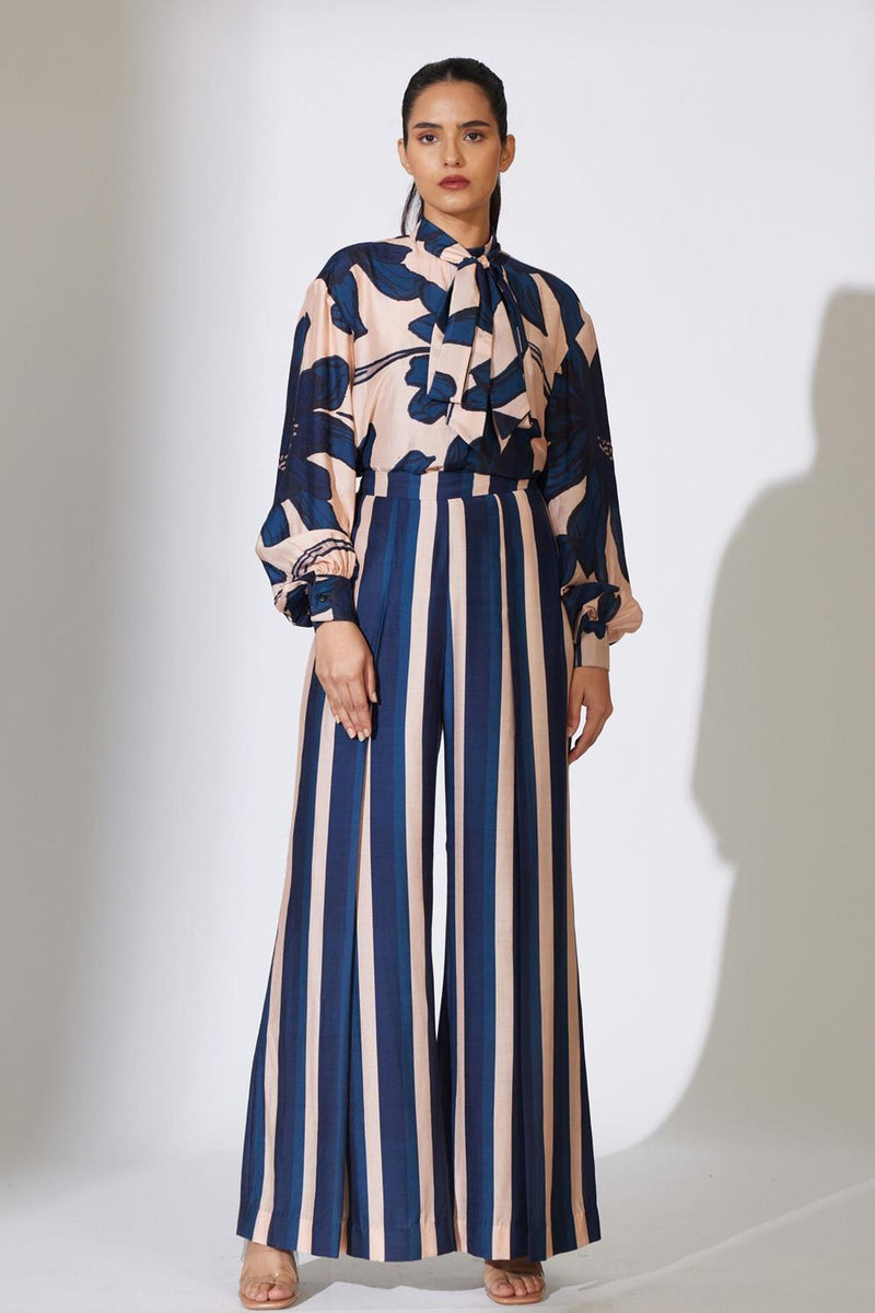 Beige And Blue Stripe Pants