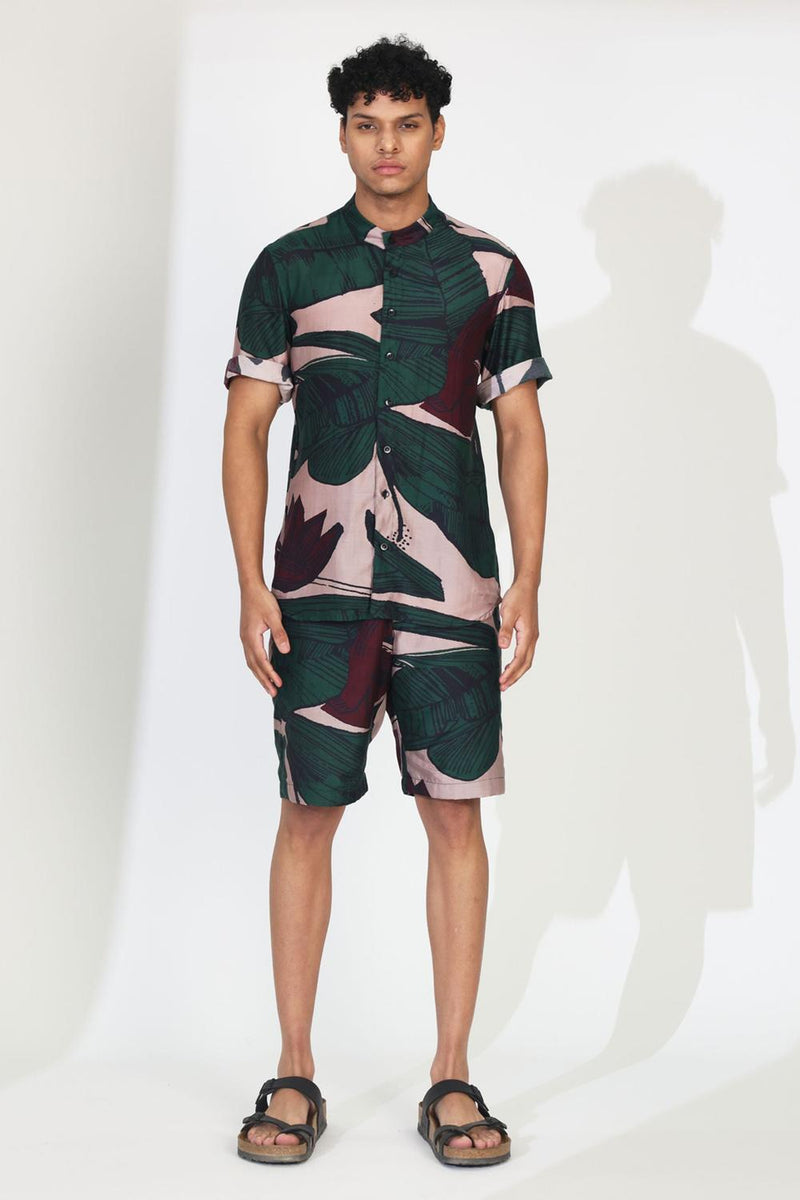 Green & Off White Floral Shorts