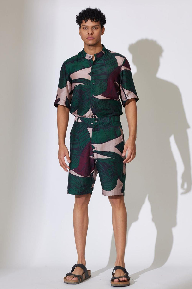 Green & Off White Floral Shorts