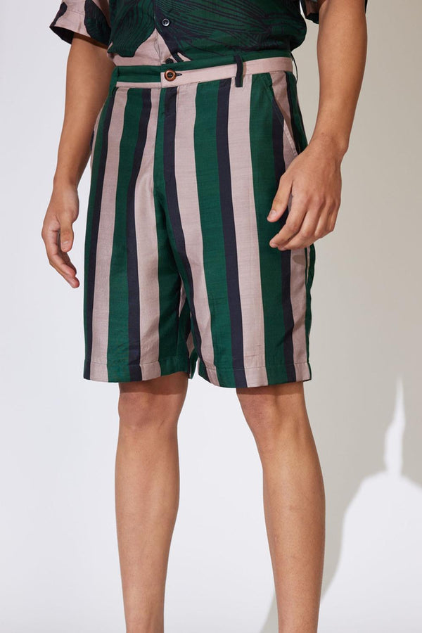 Green & Off White Stripe Shorts