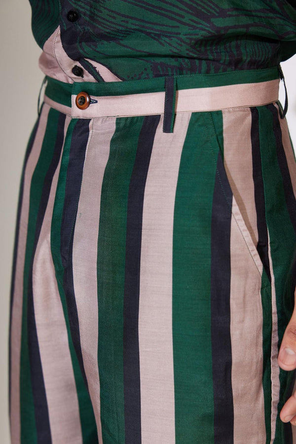 Green & Off White Stripe Shorts