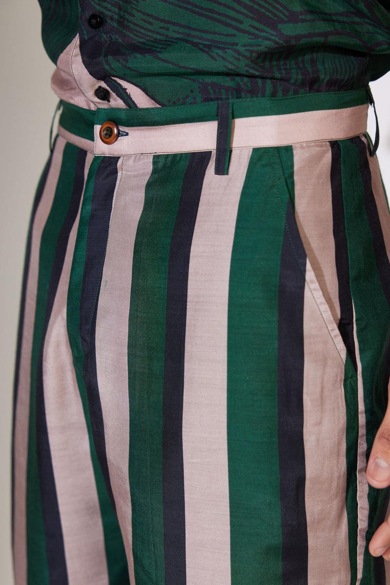 Green & Off White Stripe Shorts