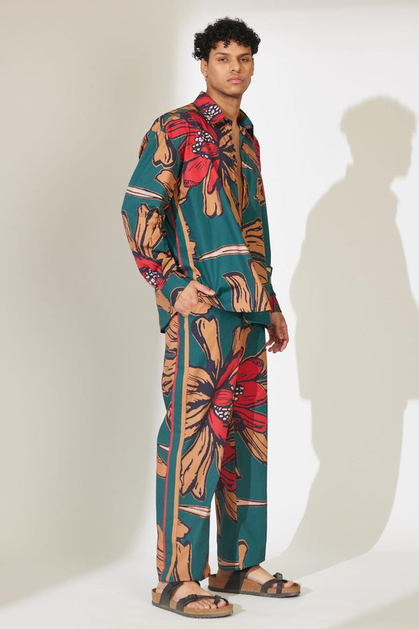 Green, Beige And Red Floral Pants