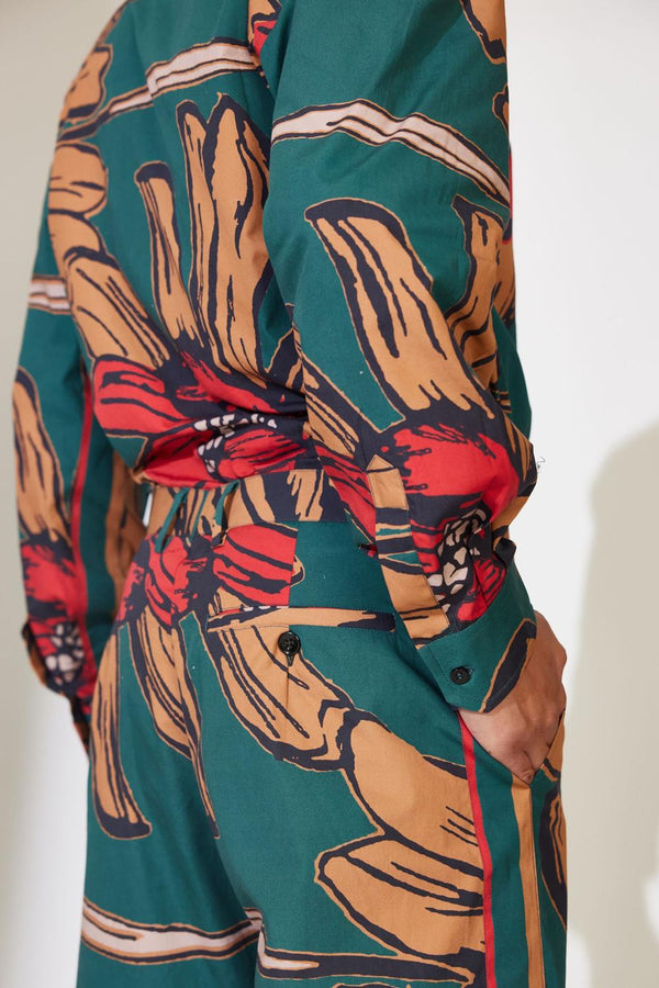 Green, Beige And Red Floral Pants