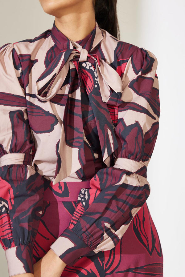 Beige And Maroon Floral Bow Tie Shirt