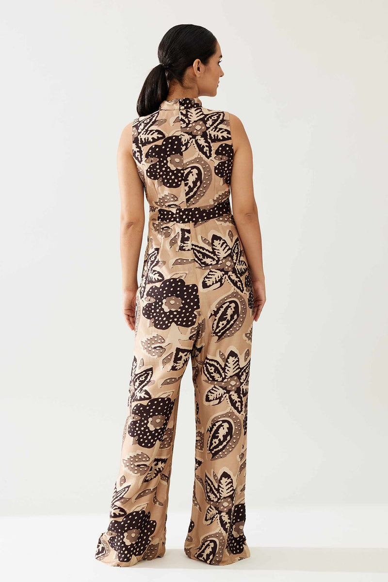 Cream and Dark Brown Floral Bow Tie Jumpsuit