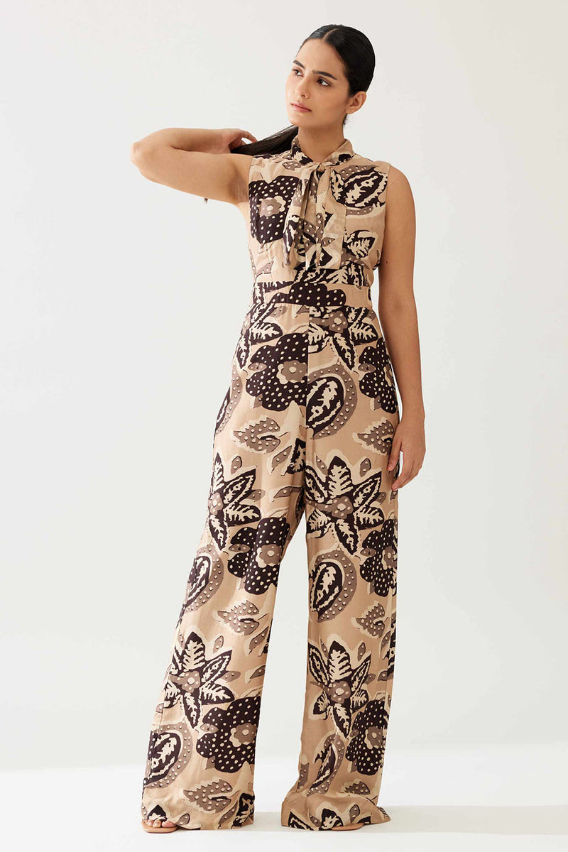 Cream and Dark Brown Floral Bow Tie Jumpsuit