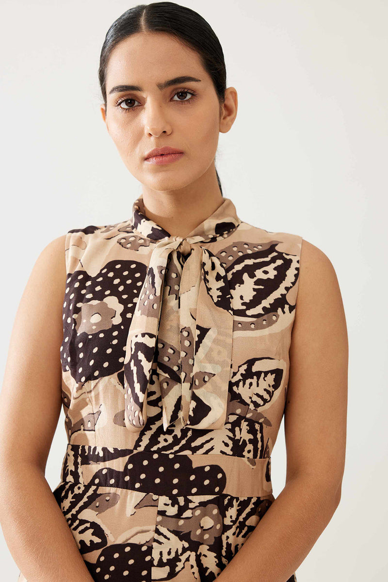 Cream and Dark Brown Floral Bow Tie Jumpsuit