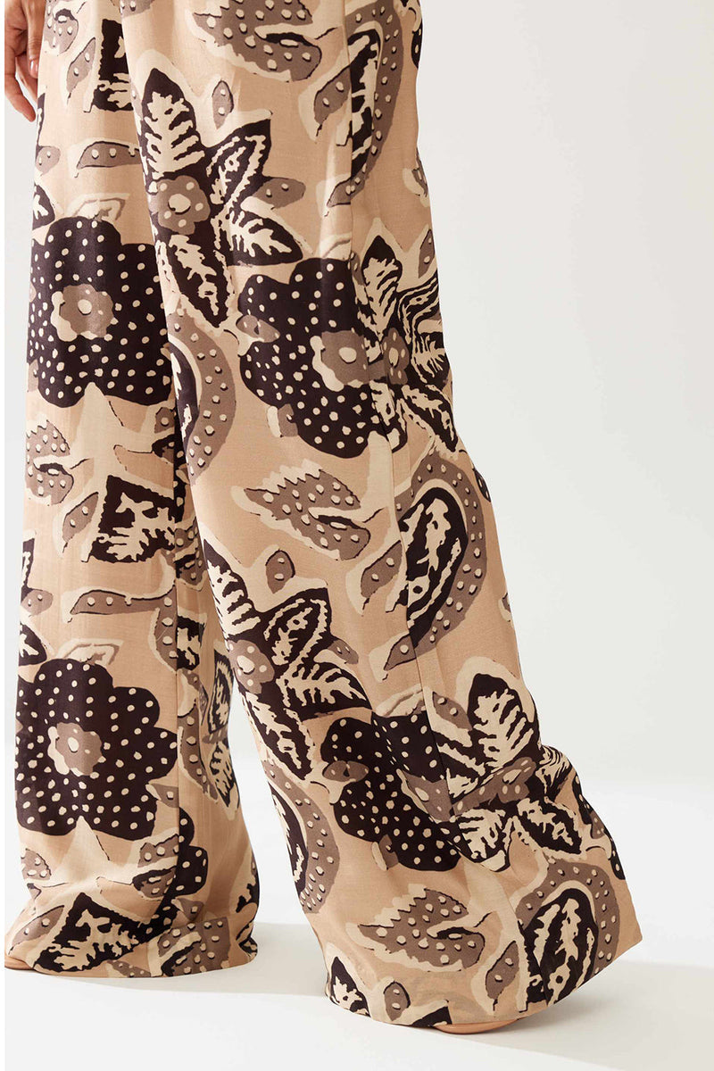 Cream and Dark Brown Floral Bow Tie Jumpsuit