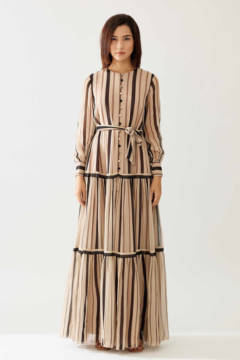 Cream and Dark Brown Stripe Shirt Dress