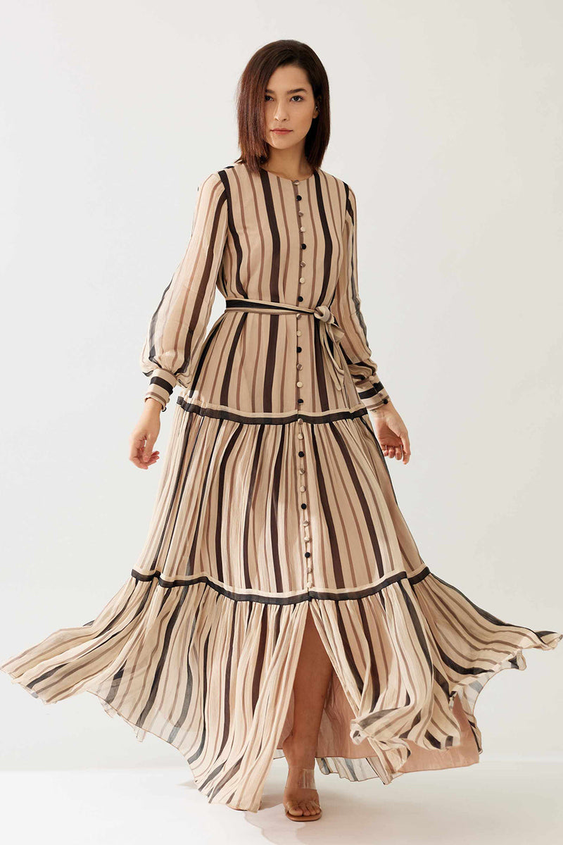 Cream and Dark Brown Stripe Shirt Dress