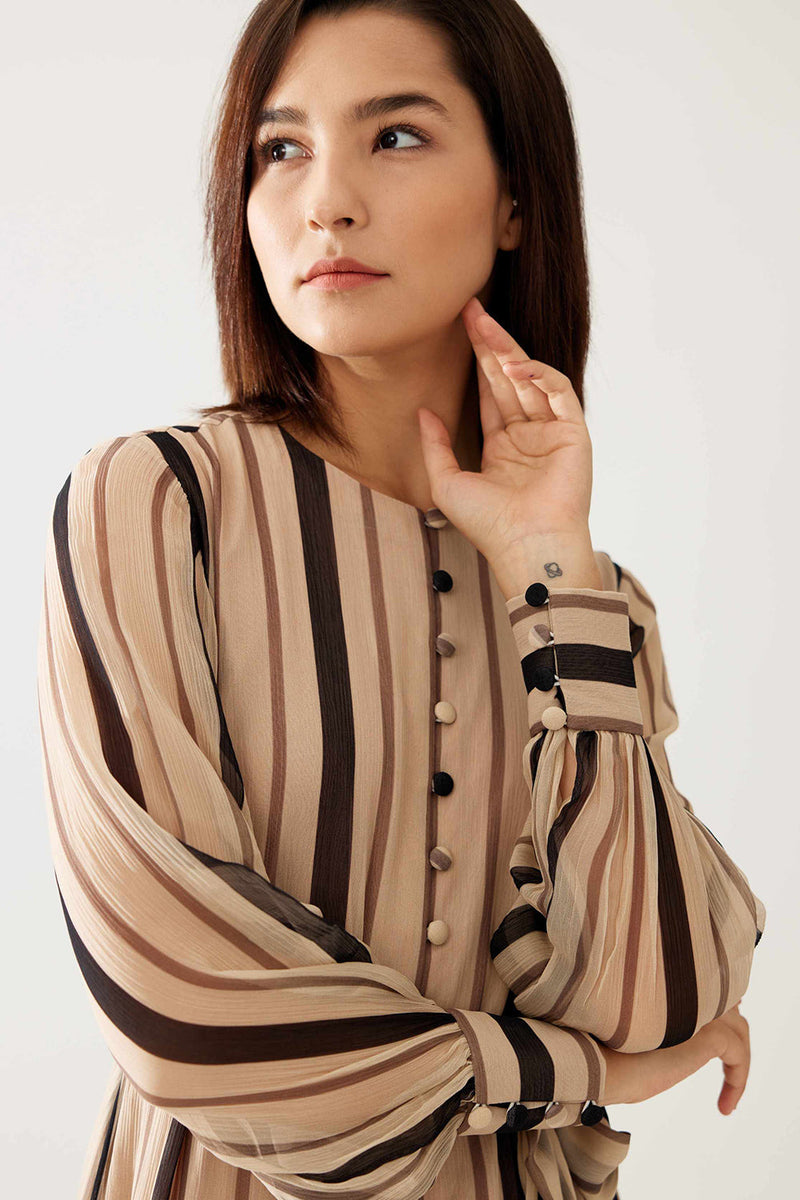 Cream and Dark Brown Stripe Shirt Dress
