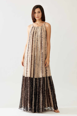 Cream and Dark Brown Stripe Sleeveless Long Dress