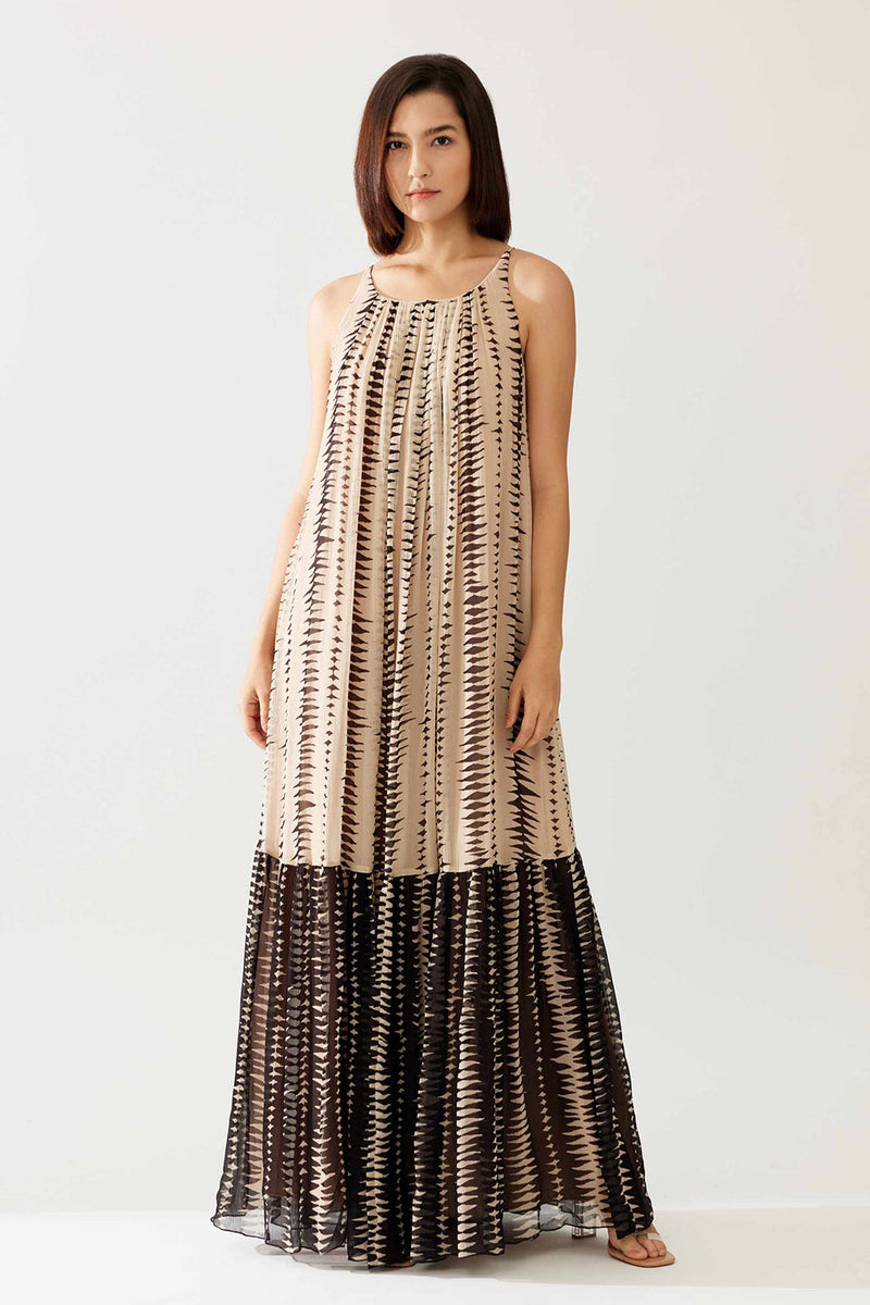 Cream and Dark Brown Stripe Sleeveless Long Dress