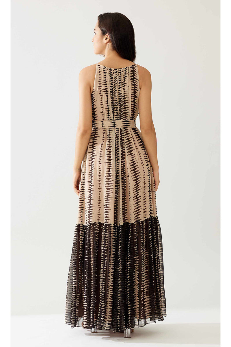 Cream and Dark Brown Stripe Sleeveless Long Dress