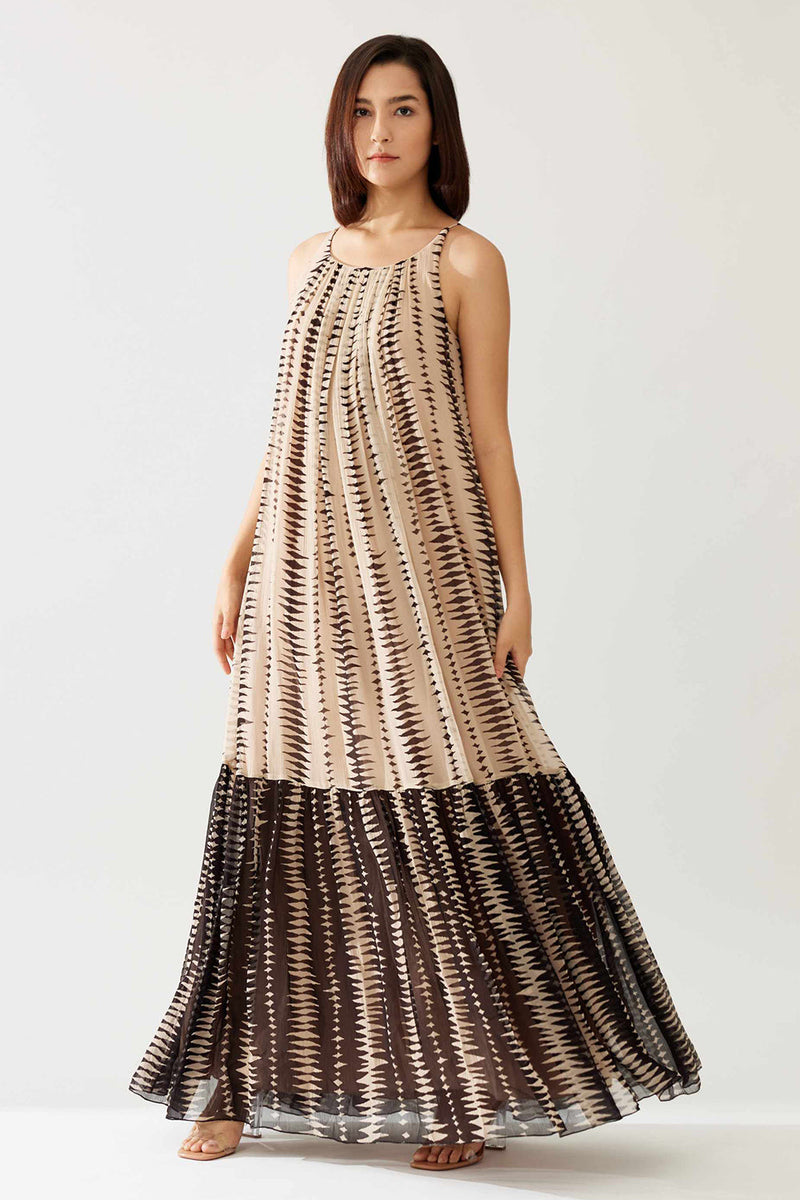 Cream and Dark Brown Stripe Sleeveless Long Dress