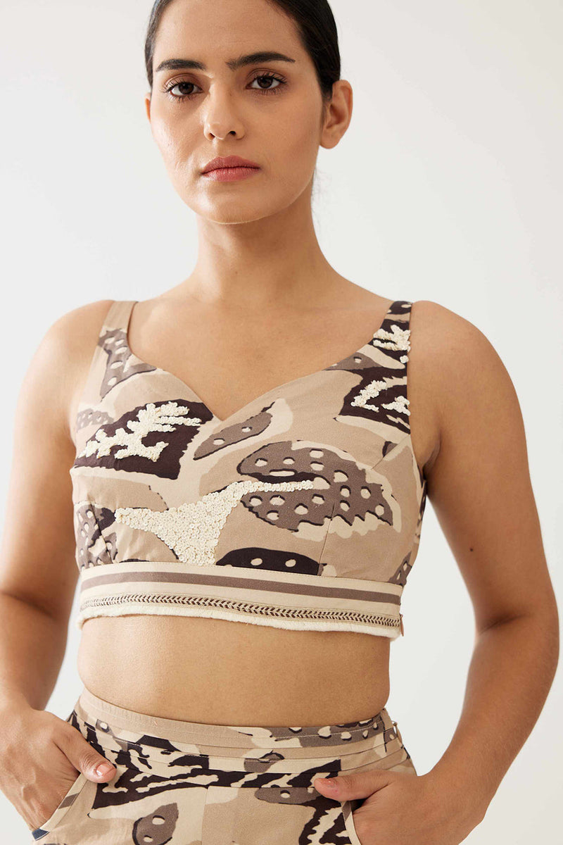Cream and Dark Brown Floral Bustier