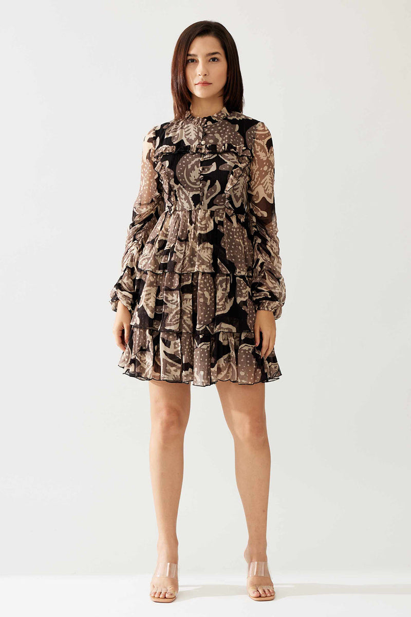 Dark Brown and Cream Floral Short Dress