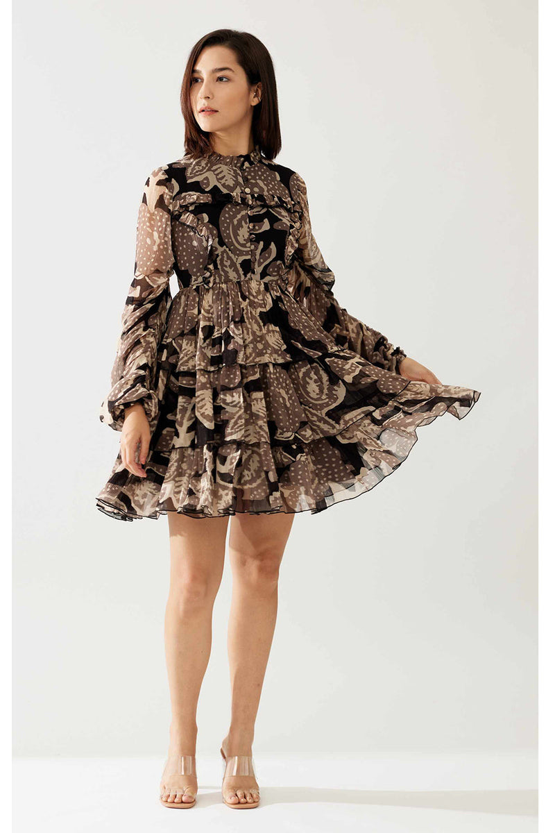 Dark Brown and Cream Floral Short Dress