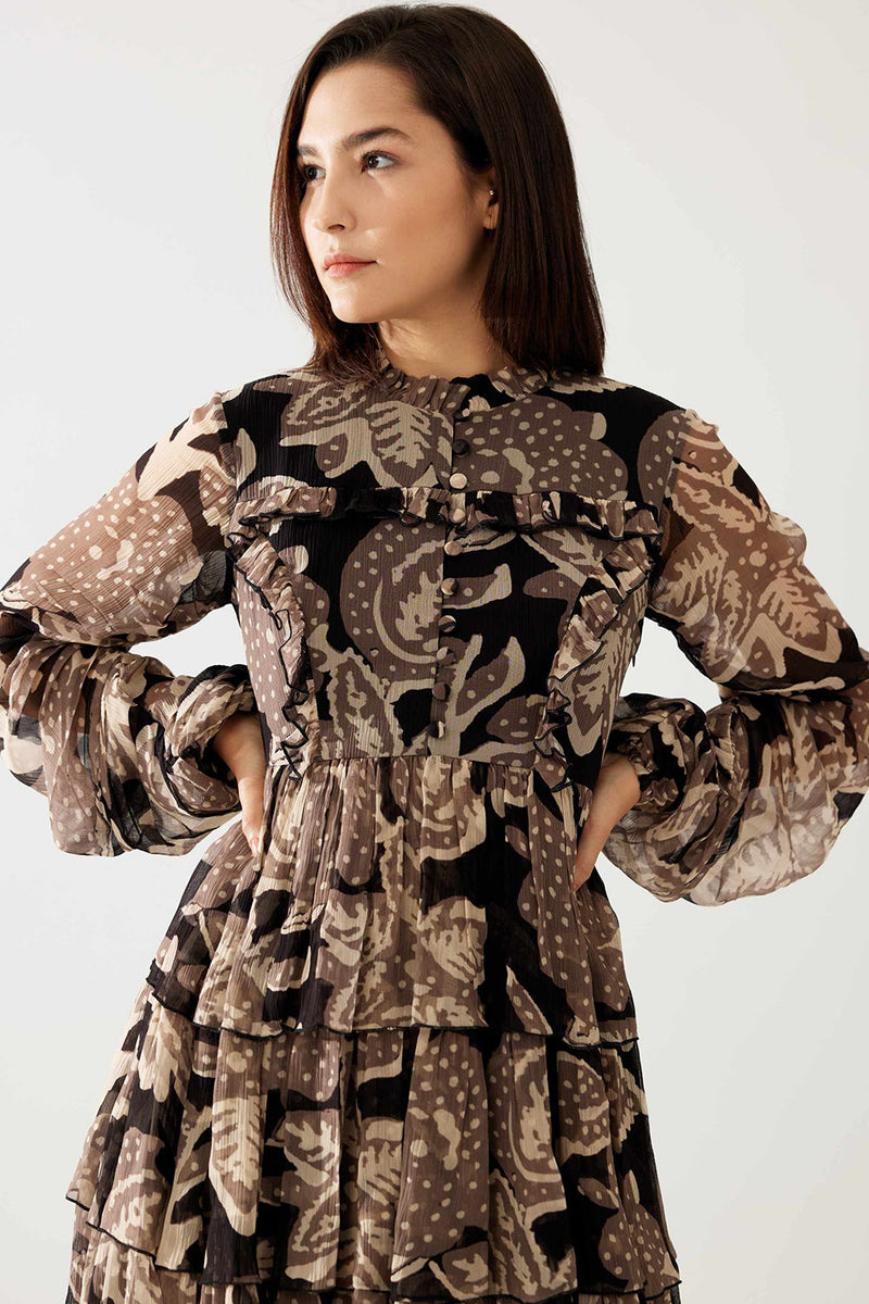 Dark Brown and Cream Floral Short Dress