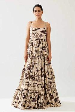 Cream and Dark Brown Floral Sleeveless Three Tier Dress