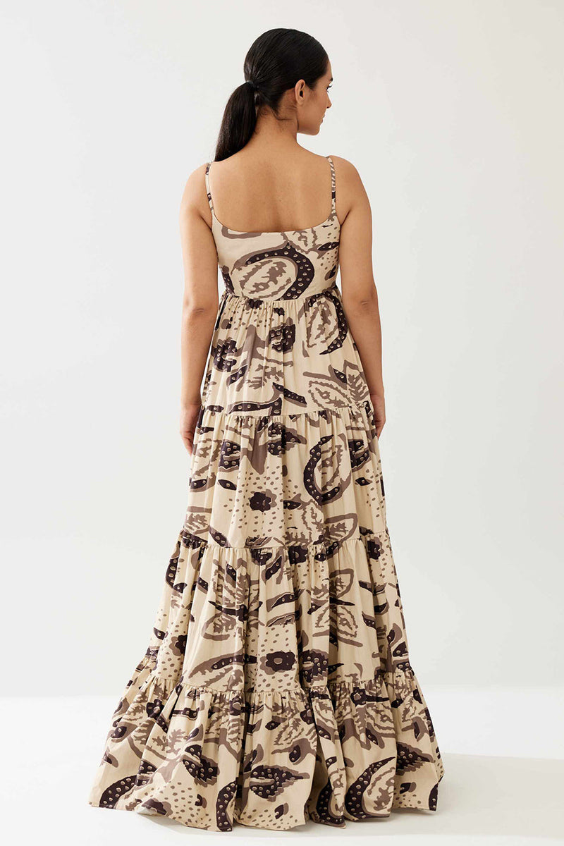 Cream and Dark Brown Floral Sleeveless Three Tier Dress