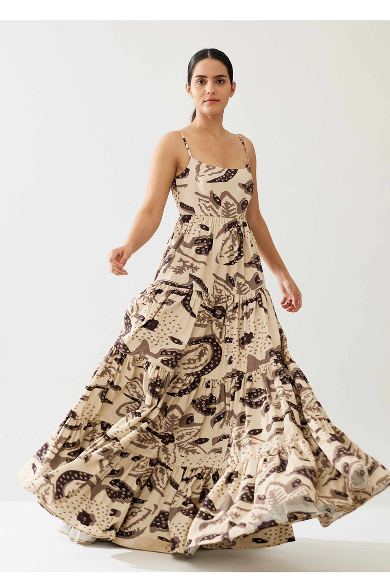 Cream and Dark Brown Floral Sleeveless Three Tier Dress